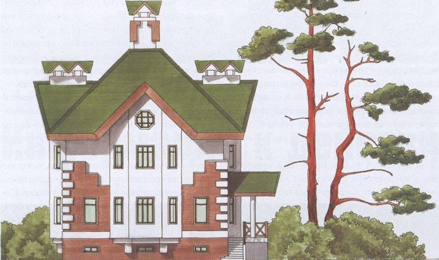 Эскиз фасада двухэтажного дома с мансардой. Архитектор Владимир Бычков
