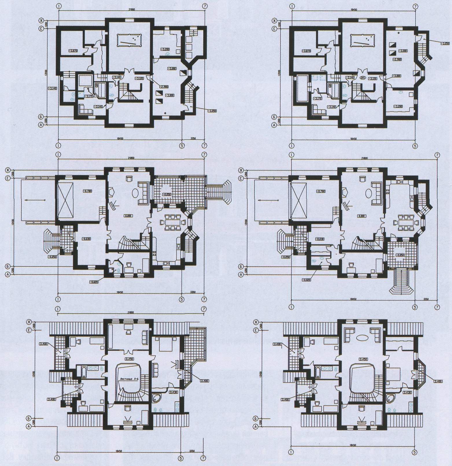 Поэтажные планы жилого загородного дома. Слева - первый вариант планировки, справа - второй